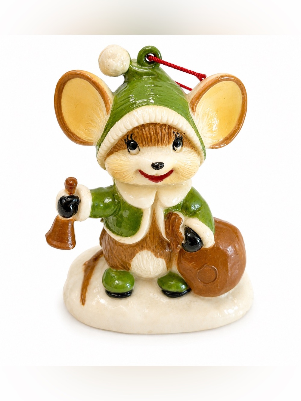 Vintage Elf Mouse Christmas Ornament w/ Bell 2 x 2.75" Hard Plastic